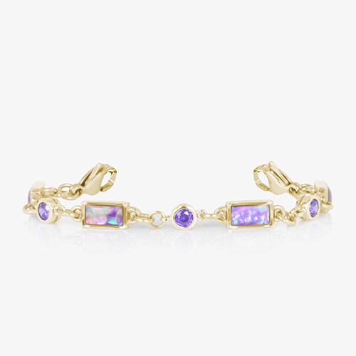 Strand of gold bracelet with purple lilac abalone and amethyst links, designed to pair with interchangeable medical ID tags.