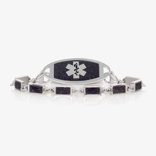 Bree Midnight Silver interchangeable bracelet paired with a medical ID tag featuring shimmering midnight blue inlays and silver-tone accents.