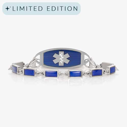 The Bree bracelet in silver with rectangular lapis blue links, paired with a matching silver medical ID tag featuring a brushed lapis blue insert and silver medical caduceus symbol.