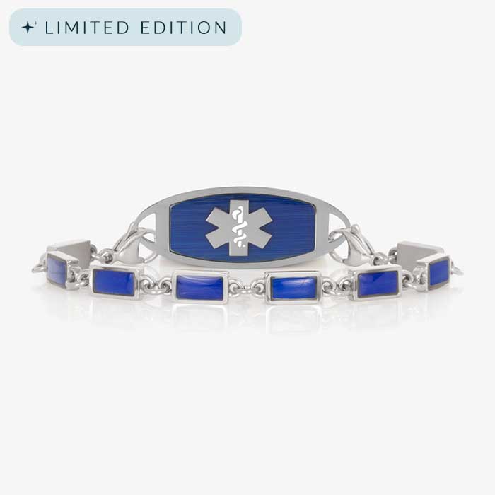 The Bree bracelet in silver with rectangular lapis blue links, paired with a matching silver medical ID tag featuring a brushed lapis blue insert and silver medical caduceus symbol.