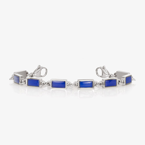 A modern medical ID bracelet with rectangular lapis blue links set in silver-tone frames, connected by delicate silver links.