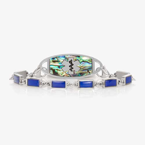 The Bree bracelet in silver with rectangular lapis blue links, paired with a matching silver medical ID tag featuring a polished Abalone inlay and silver medical caduceus symbol.