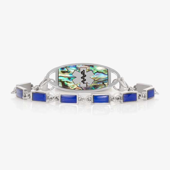 The Bree bracelet in silver with rectangular lapis blue links, paired with a matching silver medical ID tag featuring a polished Abalone inlay and silver medical caduceus symbol.