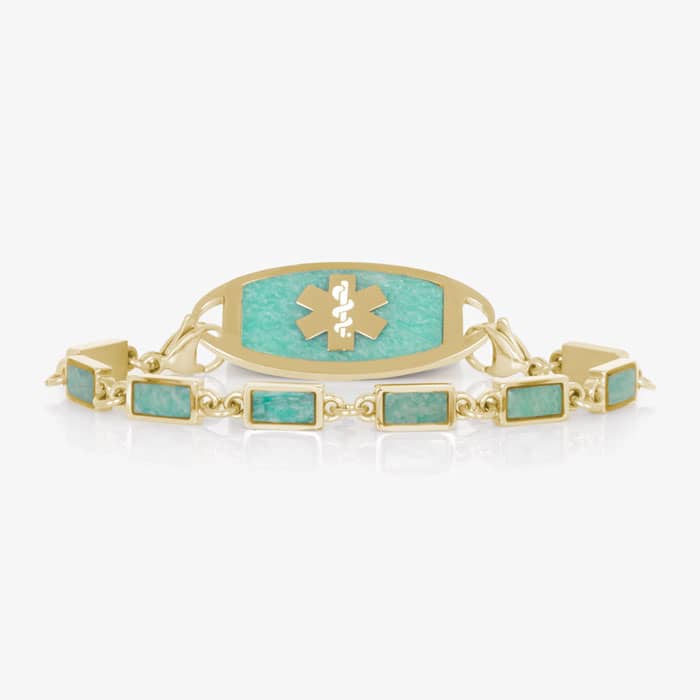 Gold tone linked medical ID bracelet featuring Amazonite stone inlays, attached to a gold tone medical ID tag with inlaid Amazonite and gold medical ID symbol.