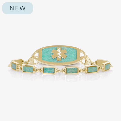 Gold tone linked medical ID bracelet featuring Amazonite stone inlays, attached to a gold tone medical ID tag with inlaid Amazonite and gold medical ID symbol.
