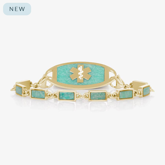 Gold tone linked medical ID bracelet featuring Amazonite stone inlays, attached to a gold tone medical ID tag with inlaid Amazonite and gold medical ID symbol.