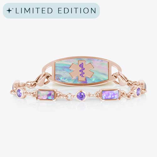 Rose gold medical ID bracelet featuring alternating lilac abalone inlays and violet crystals, paired with matching abalone inlaid ID tag.
