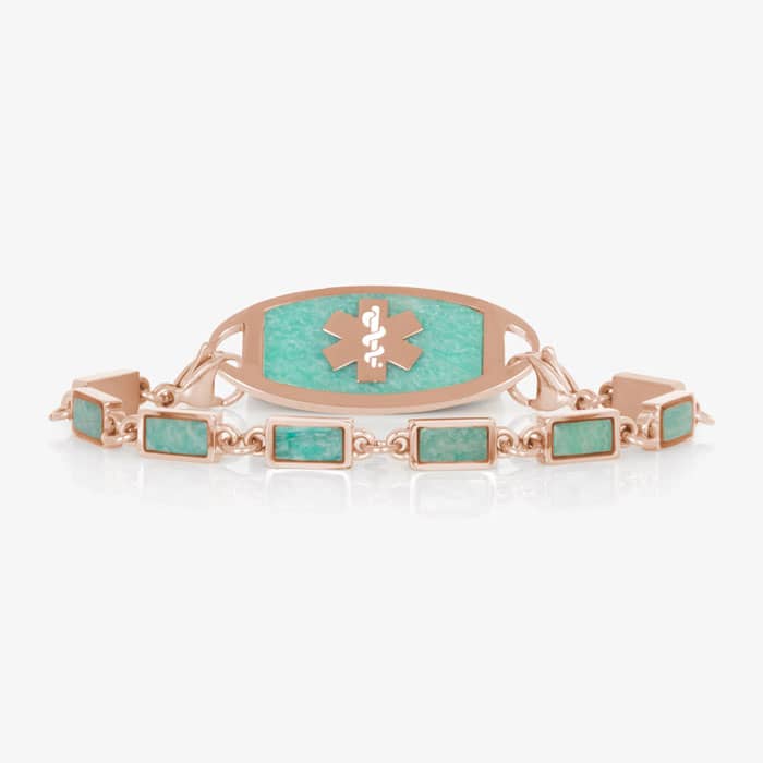 Rose Gold tone linked medical ID bracelet featuring Amazonite stone inlays, attached to a Rose Gold tone medical ID tag with inlaid Amazonite and Rose Gold medical ID symbol.