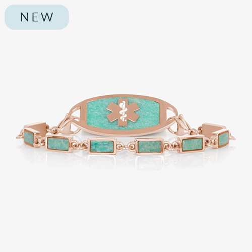 Rose Gold tone linked medical ID bracelet featuring Amazonite stone inlays, attached to a Rose Gold tone medical ID tag with inlaid Amazonite and Rose Gold medical ID symbol.
