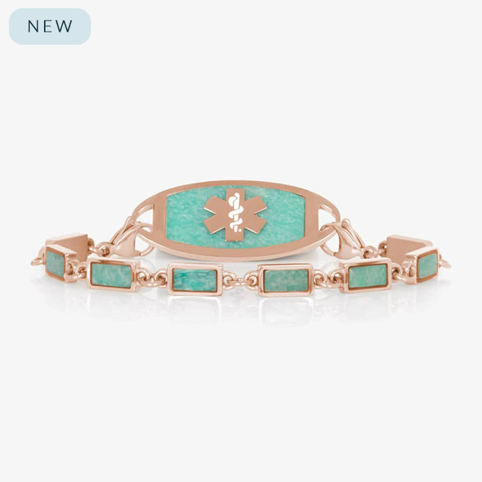 Rose Gold tone linked medical ID bracelet featuring Amazonite stone inlays, attached to a Rose Gold tone medical ID tag with inlaid Amazonite and Rose Gold medical ID symbol.