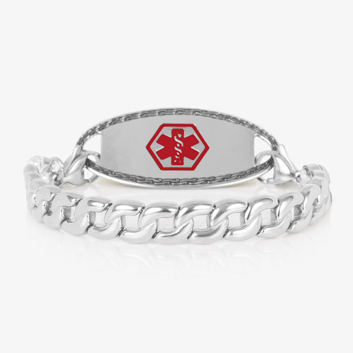 Overhead view of the Frank men's silver medical ID bracelet featuring a stainless steel tag with bold red medical symbol and heavy curb chain.