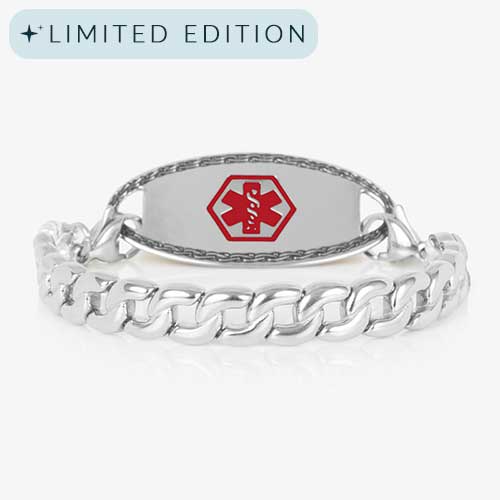 Overhead view of the Frank men&#39;s silver medical ID bracelet featuring a stainless steel tag with bold red medical symbol and heavy curb chain.