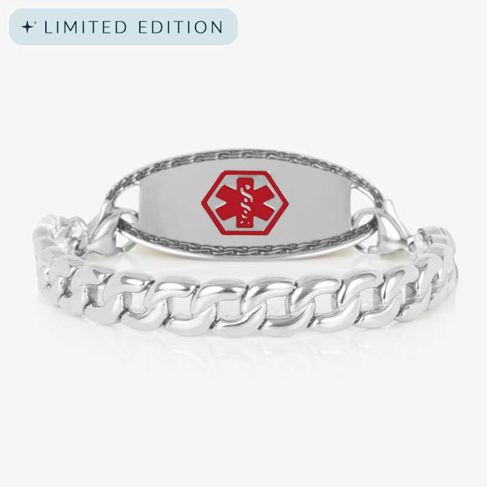 Overhead view of the Frank men's silver medical ID bracelet featuring a stainless steel tag with bold red medical symbol and heavy curb chain.