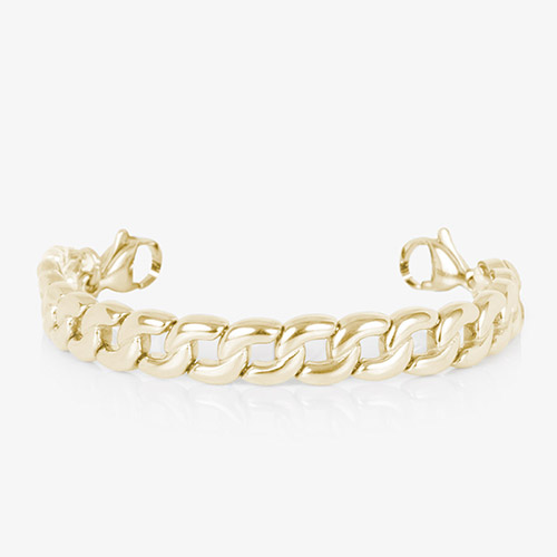 Rear angle showing the bracelet's gold curb chain with lobster clasps, ready to attach to an ID tag.