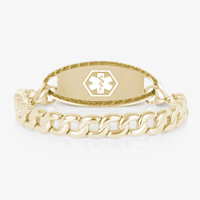 Flat-lay of the gold medical ID bracelet with the white medical alert symbol centered on the gold tag for clear visibility.
