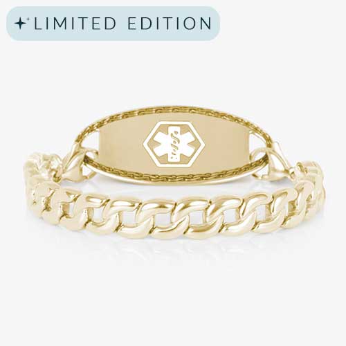 Flat-lay of the gold medical ID bracelet with the white medical alert symbol centered on the gold tag for clear visibility.