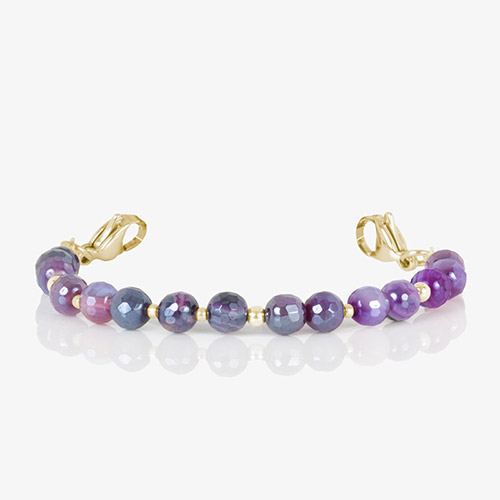 Studio image of the bracelet strand only, without the medical ID tag, showcasing faceted agate beads in shades of purple and plum with gold spacer beads.