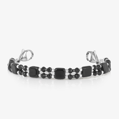 Jett bracelet strand without medical tag, featuring black and silver dual-strand beads and square black tile detailing.