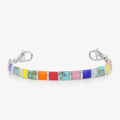 Stretch medical ID bracelet with red, orange, pink, and green tila beads