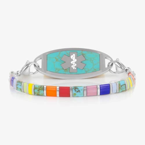 Multicolored stretch medical ID bracelet with orange, blue, and silver accents featuring a Turquoise and Silver ID Tag.