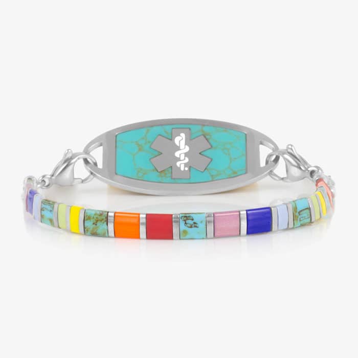 Multicolored stretch medical ID bracelet with orange, blue, and silver accents featuring a Turquoise and Silver ID Tag.