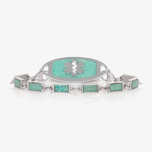 Silver tone linked medical ID bracelet featuring Amazonite stone inlays, attached to a Silver tone medical ID tag with inlaid Amazonite and Silver medical ID symbol.