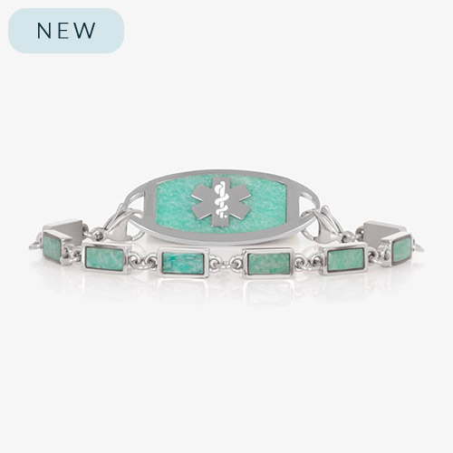Silver tone linked medical ID bracelet featuring Amazonite stone inlays, attached to a Silver tone medical ID tag with inlaid Amazonite and Silver medical ID symbol.