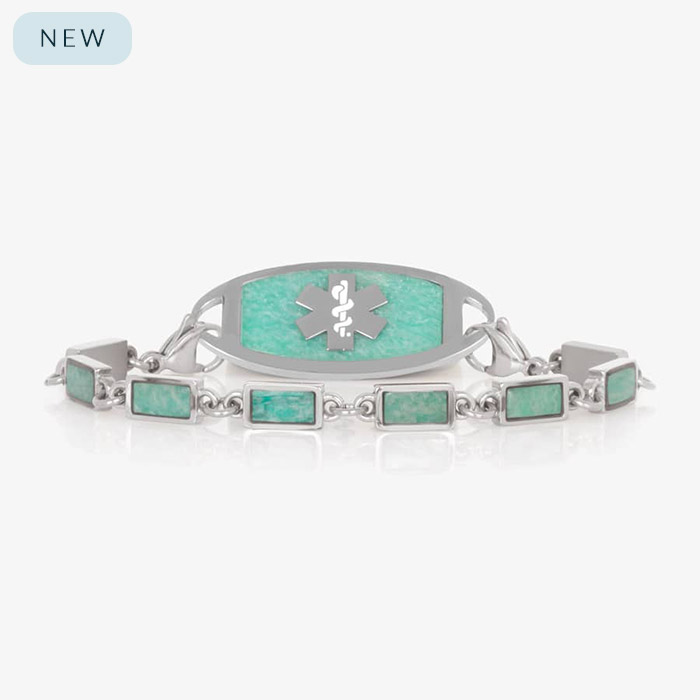 Silver tone linked medical ID bracelet featuring Amazonite stone inlays, attached to a Silver tone medical ID tag with inlaid Amazonite and Silver medical ID symbol.