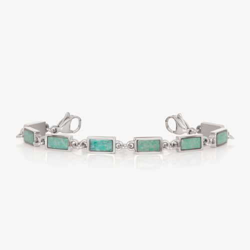 Silver tone linked medical ID bracelet featuring Amazonite stone inlays.