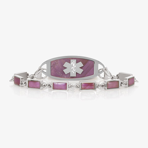 Medical ID bracelet with silver Icon tag and rectangular pink-purple stone inlays for a cohesive look.