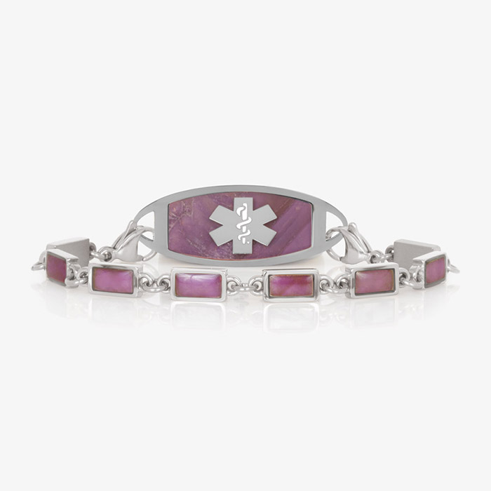 Medical ID bracelet with silver Icon tag and rectangular pink-purple stone inlays for a cohesive look.
