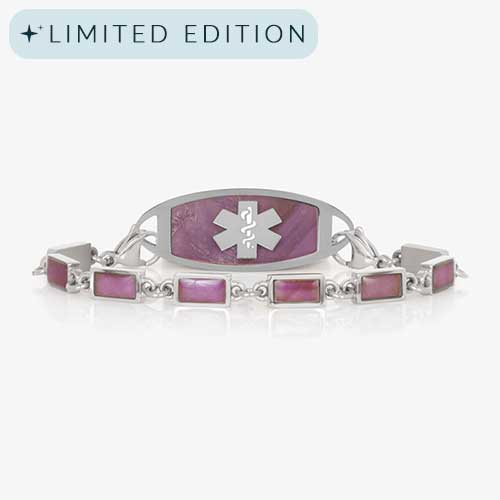 Medical ID bracelet with silver Icon tag and rectangular pink-purple stone inlays for a cohesive look.