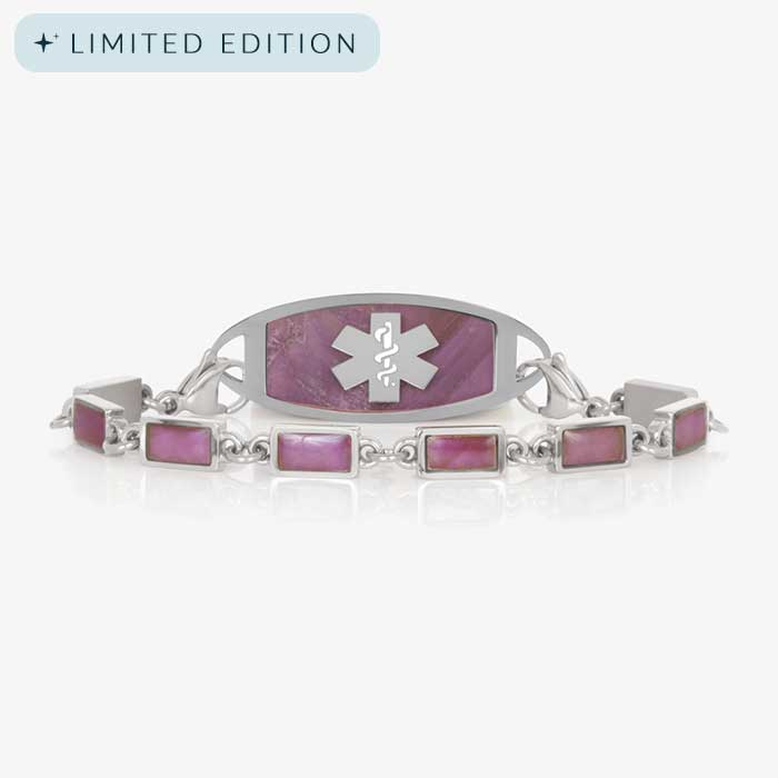 Medical ID bracelet with silver Icon tag and rectangular pink-purple stone inlays for a cohesive look.