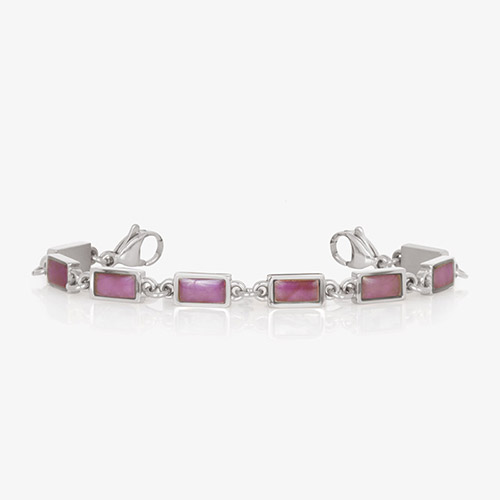 Interchangeable silver medical bracelet strand with vibrant rectangular amethyst-hued inlays.