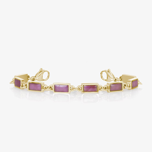 nterchangeable medical ID bracelet strand showcasing rectangular purple inlays set in gold-tone frames, connected with coordinating gold links.