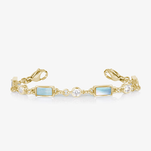 Gold bracelet strand featuring rectangular blue mother-of-pearl inlays and round crystal accents, designed to pair with interchangeable medical ID tags.