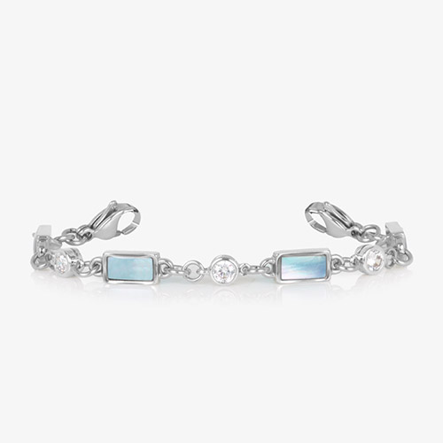 Silver bracelet strand featuring alternating round clear crystals and rectangular blue mother-of-pearl links, shown on a white background.