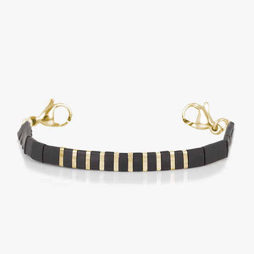 Interchangeable black and gold medical alert bracelet strand with matte black tila beads and gold accents.