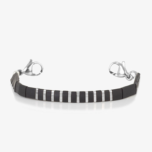 Black and silver medical alert bracelet strand with square tila beads and silver stainless steel hardware.
