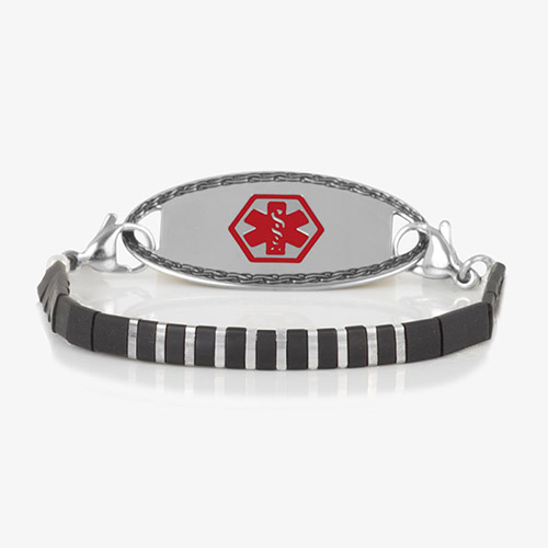 Silver-tone medical ID bracelet with alternating black and silver beads, featuring a polished tag with red medical emblem.