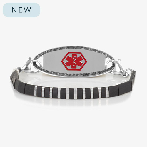 Silver-tone medical ID bracelet with alternating black and silver beads, featuring a polished tag with red medical emblem.