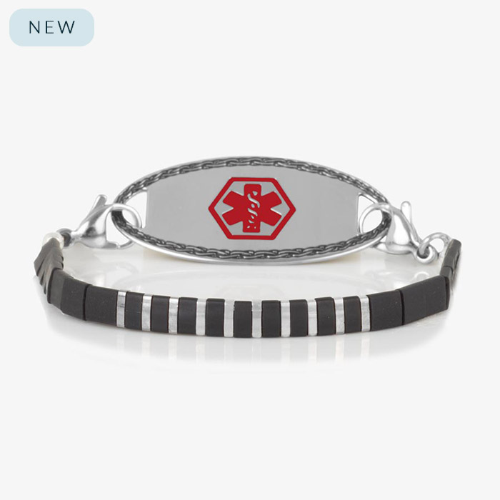 Silver-tone medical ID bracelet with alternating black and silver beads, featuring a polished tag with red medical emblem.