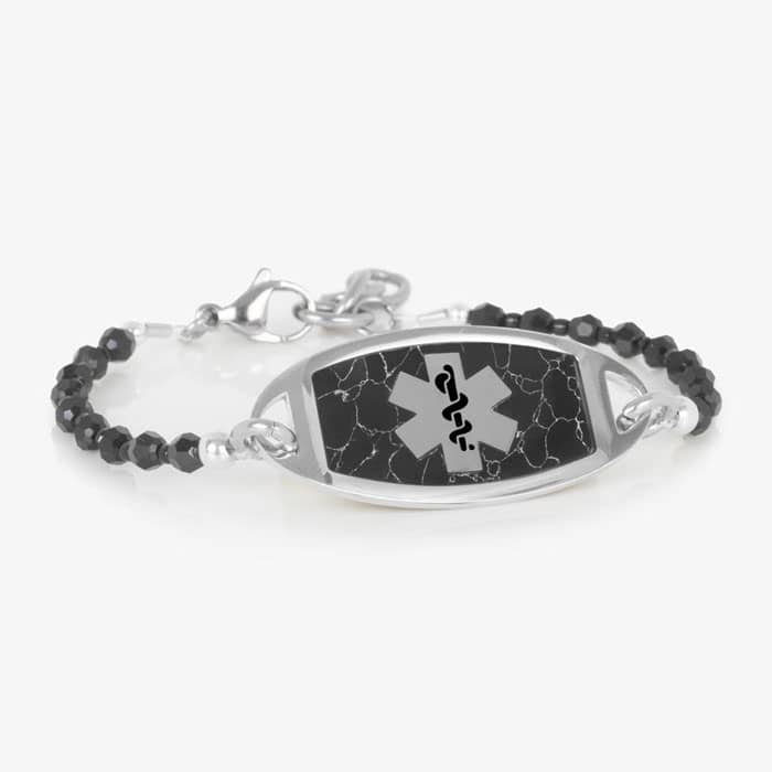 Silver medical ID bracelet with black beaded chain and marble inlay plaque, featuring a Star of Life emblem for safety.