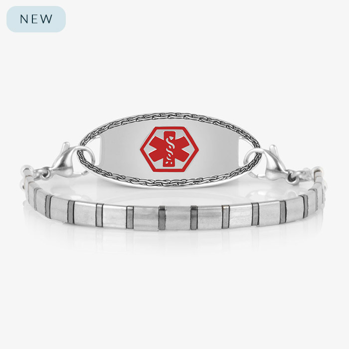 Vega women's medical ID bracelet in stainless steel with red medical symbol tag, featuring oxidized link detail and dual lobster clasps.