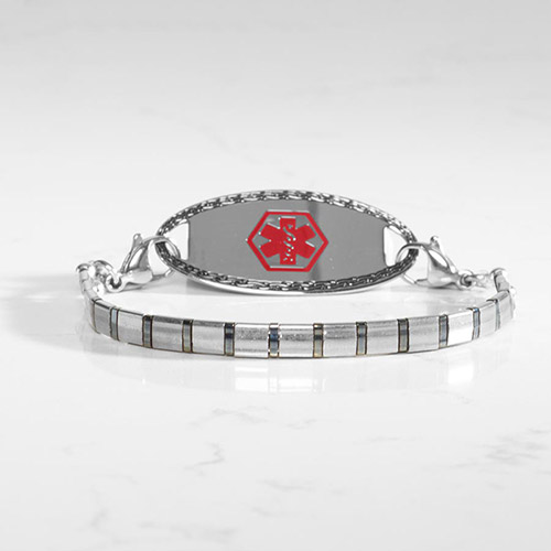 Men's stretch medical alert bracelet with bold silver links and red medical caduceus on a polished ID tag.