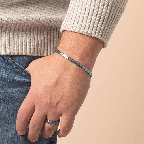 Sleek and modern Mercury men's medical ID bracelet shown on wrist, featuring hematite-toned rectangular links for a minimalist, masculine look.