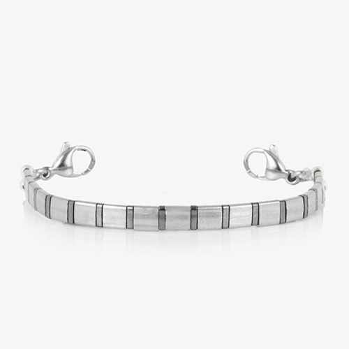 Standalone view of Mercury men's bracelet strand with rectangular gunmetal hematite links and dual lobster clasps, shown without ID tag.