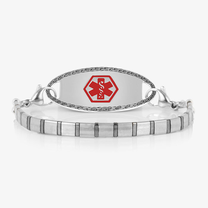 Flat lay of Mercury men's medical alert bracelet with engraved ID tag and red medical symbol, attached to hematite-toned segmented strand.