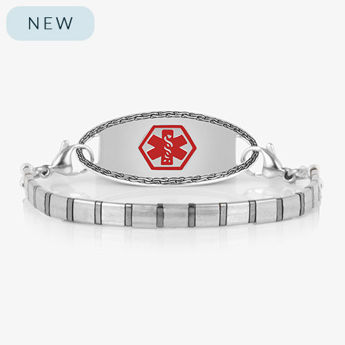 Flat lay of Mercury men&#39;s medical alert bracelet with engraved ID tag and red medical symbol, attached to hematite-toned segmented strand.