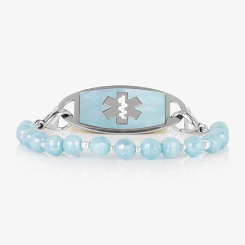 Silver medical ID bracelet with aquamarine faceted beads and silver accents, featuring a matching silver ID tag inset with iridescent blue mother-of-pearl and a cutout medical caduceus symbol.